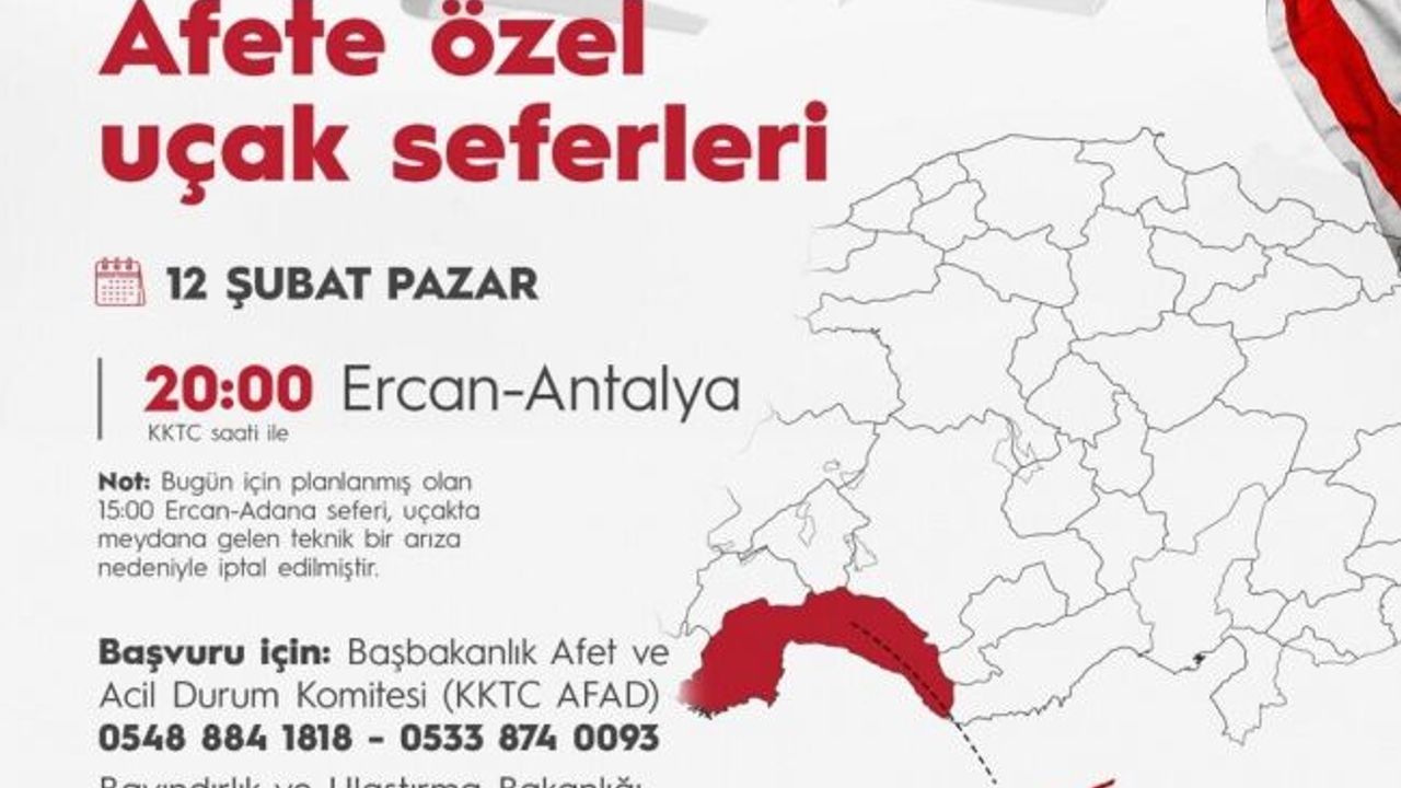 Depremden etkilenenler için düzenlenen Ercan-Adana uçak seferi iptal edildi
