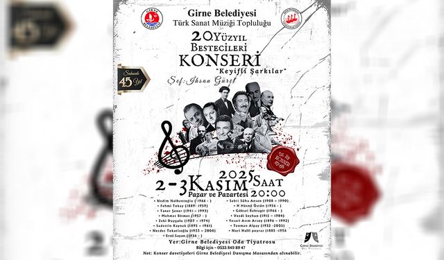 Girne Belediyesi TSM Topluluğu, "20. Yüzyıl Bestecileri Konseri" verecek