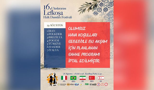 16.⁠ ⁠Uluslararası Lefkoşa Halk Dansları Festivali’nin bu akşamki gösterileri iptal edildi