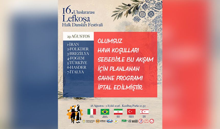 16.⁠ ⁠Uluslararası Lefkoşa Halk Dansları Festivali’nin bu akşamki gösterileri iptal edildi