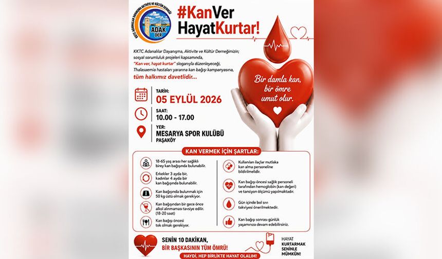 KKTC Adanalılar Dayanışma Derneği’nden, thalassaemia hastaları için kan bağışı kampanyası